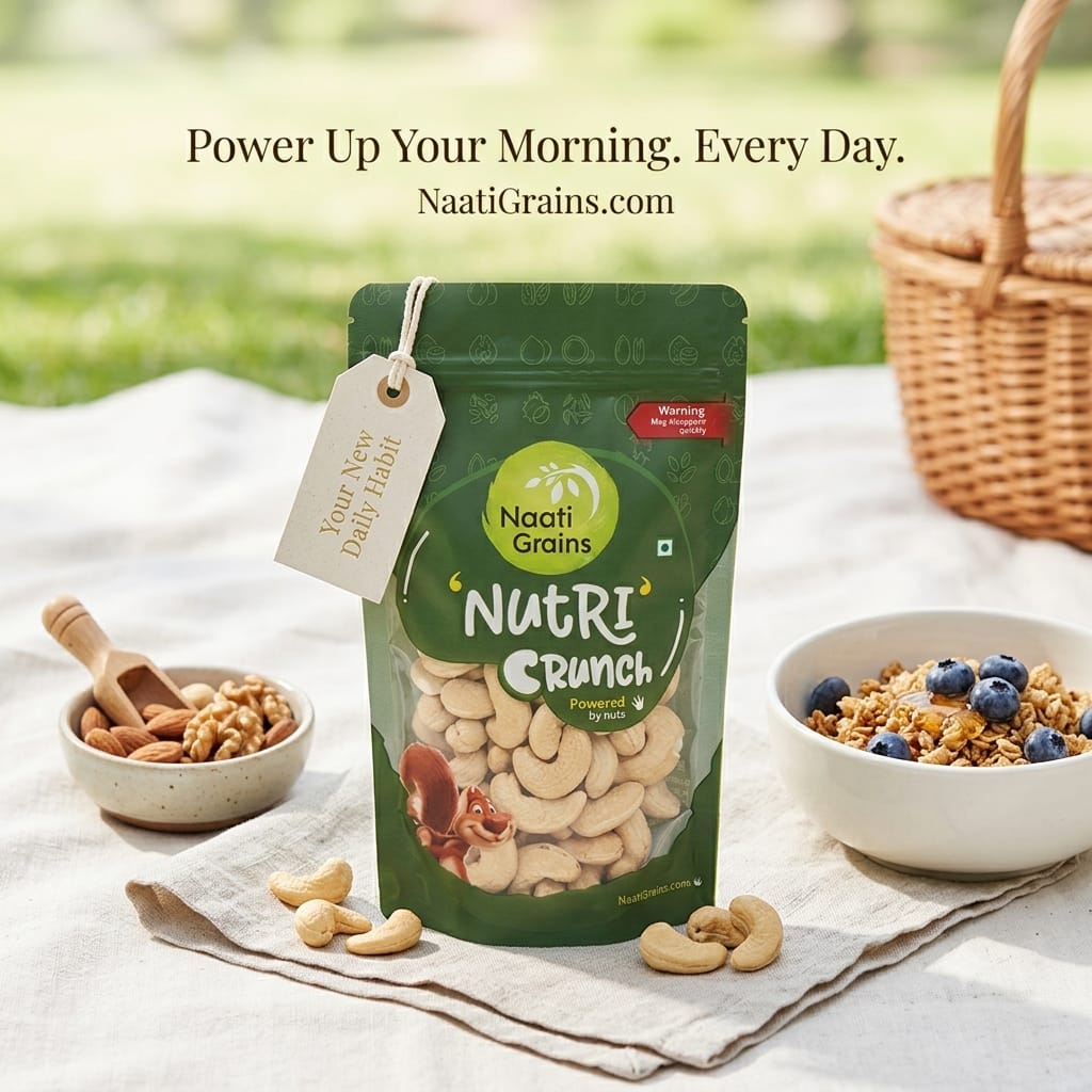 A stand-up pouch of Naati Grains Nutri Crunch Powered Flavour granola is displayed on a beige cloth outdoors, with cashews scattered around, a bowl of granola with blueberries, and a small bowl of nuts. Text at the top reads 'Power Up Your Morning.